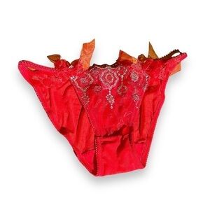 NEW red lace embroidered mesh bikini brief panties panty with bows metallic M